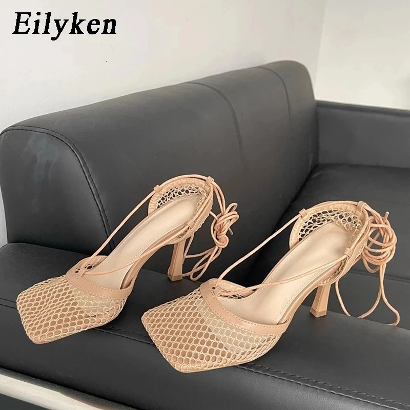 Eilyken Sexy White Hollow Mesh Woman Pumps Sandals Square Toe High Heel Ankle Lace Up Cross-tied Party Dress Female Shoes 260724