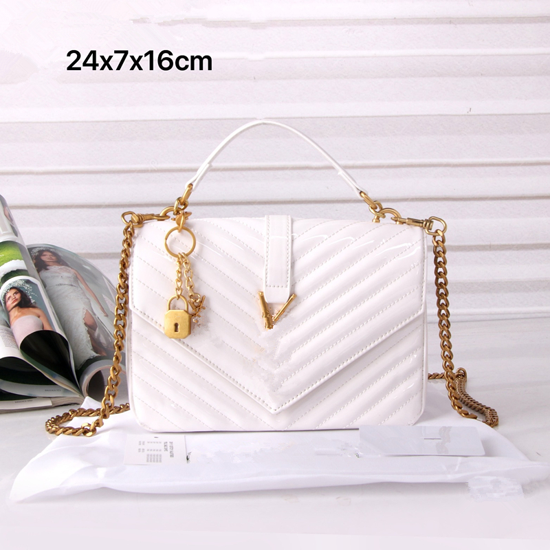 Sac de créateur College Brillant Brevet Flap Satchel V Chevron Quilt Amovible Chaîne En Métal Sangle Serrure Charme yslbagwomen sacs Quotidien En