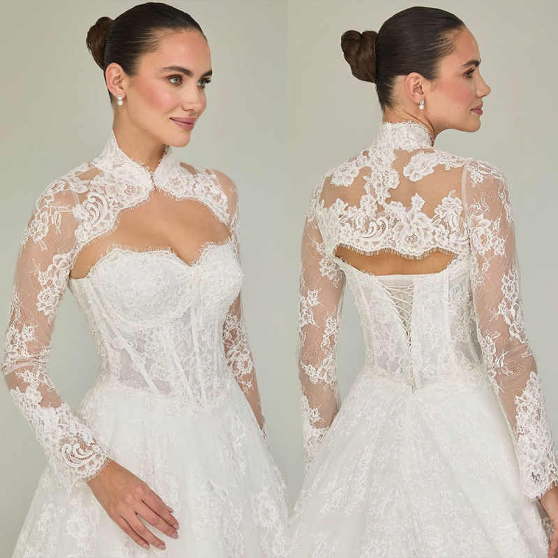Customized High Neck Wedding Bolero Rose Appliques Long Sleeve Bridal Jacket Wraps Jacket Custom Made Backless