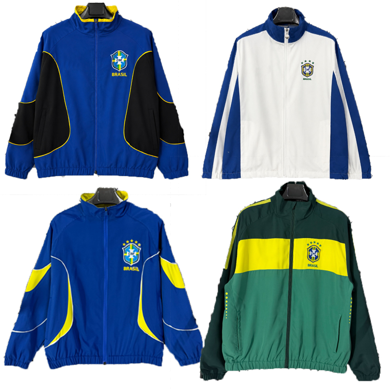 men Brazil Retro Waterproof football jacket Long sleeve soccer full zipper Hooded Tracksuits Brazil Retro team classic red casual training trench co