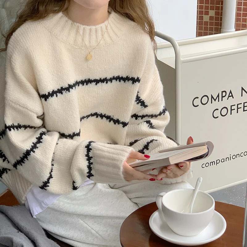 Women Sweater Casual Pullovers Autumn Winter Basics Knitted Korean Loose Striped O-neck Long Sleeve Elegance Sweet 260723
