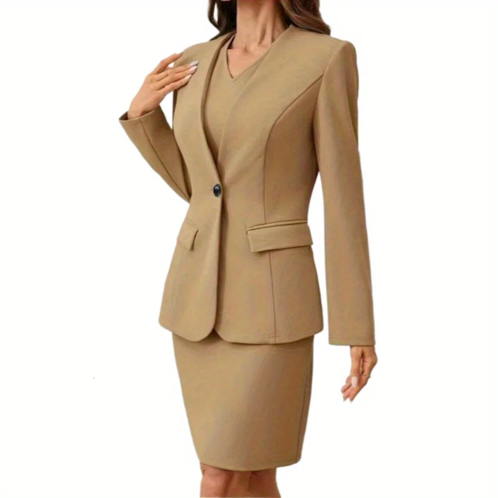 Women Elegant Office Lady V Neck Dress Suits Pure Color Sleeveless Pencil Professional Casual Suit Set Spring Autumn 260720banjia