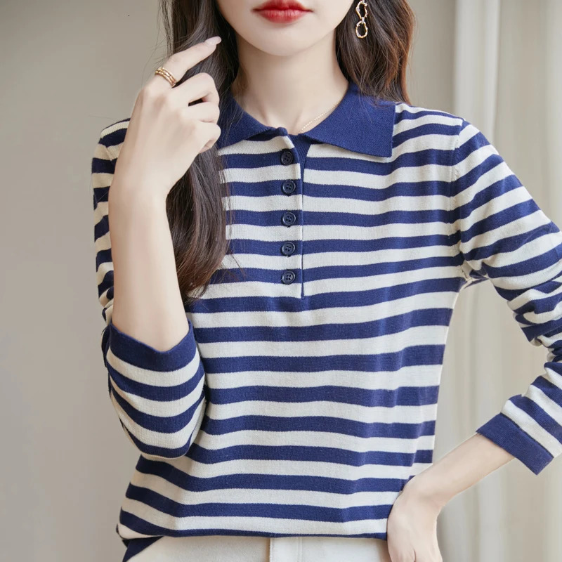 Women 100 Cotton Striped Sweater Polo Collar Pullover Casual Color Blocking Knitwear Long Sleeve Spring Autumn Clothing Tops 260723