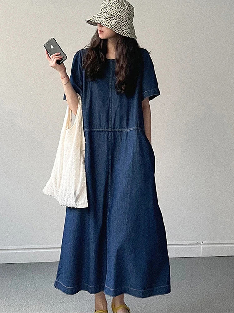 Loose Fit round Ne ort Sve Denim Womens Korean Sle Faionable Summer Dr Age Reduction Long A Line Skirt 260724