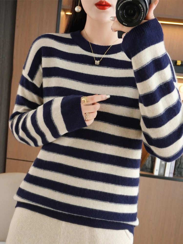 Women Sweater O-neck Long Sleeve Striped Pullovers Autumn Winter Loose Warm Undershirt Casual Korean Bottoming Shirt Jumpers 260723