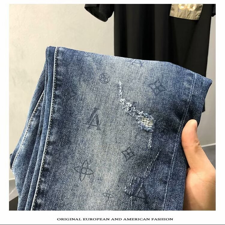 2026 Designer Retro Blue Jeans Men's Slim Fit Korean Version Slimming Small Feet Trendy Brand Casual And Simple Men's Stretch Long Pants E