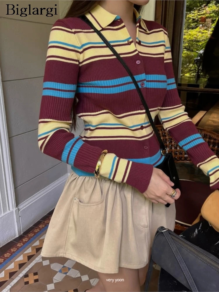 Knitted Autumn Striped Cardigan Pullover Sweater Women Long SLeeve Fashion Casual Ladies Sweaters Korean Style Woman Cardigans 260723