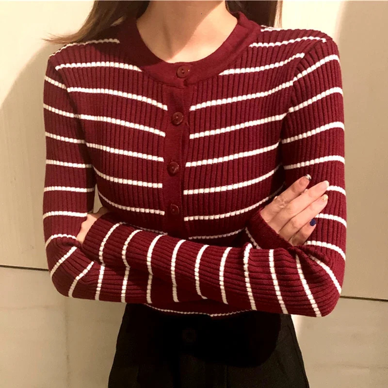 ITOOLIN Women Stripes O-neck Buttoned Up Sweaters Long Sleeve Knitted Sweater Slim Women Jumpers Tops Autumn Winter One Size 260723