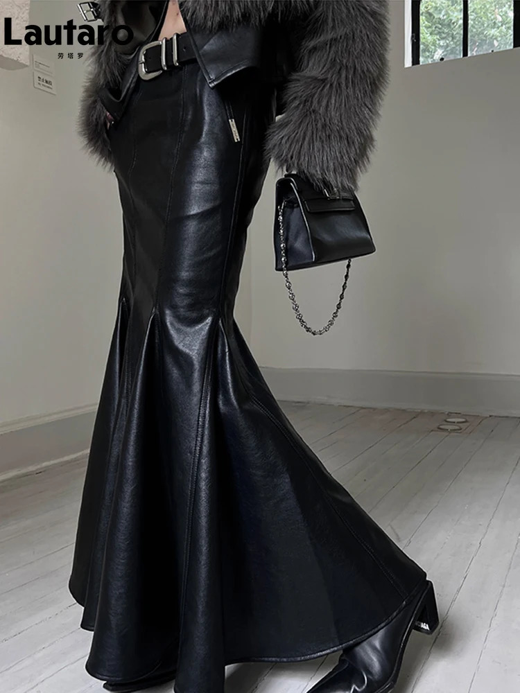 Lautaro Spring Autumn Chic Stylish Black Soft Pu Leather Midi Mermaid Skirt Women High Waist Long y ner Clothes 260725BJ