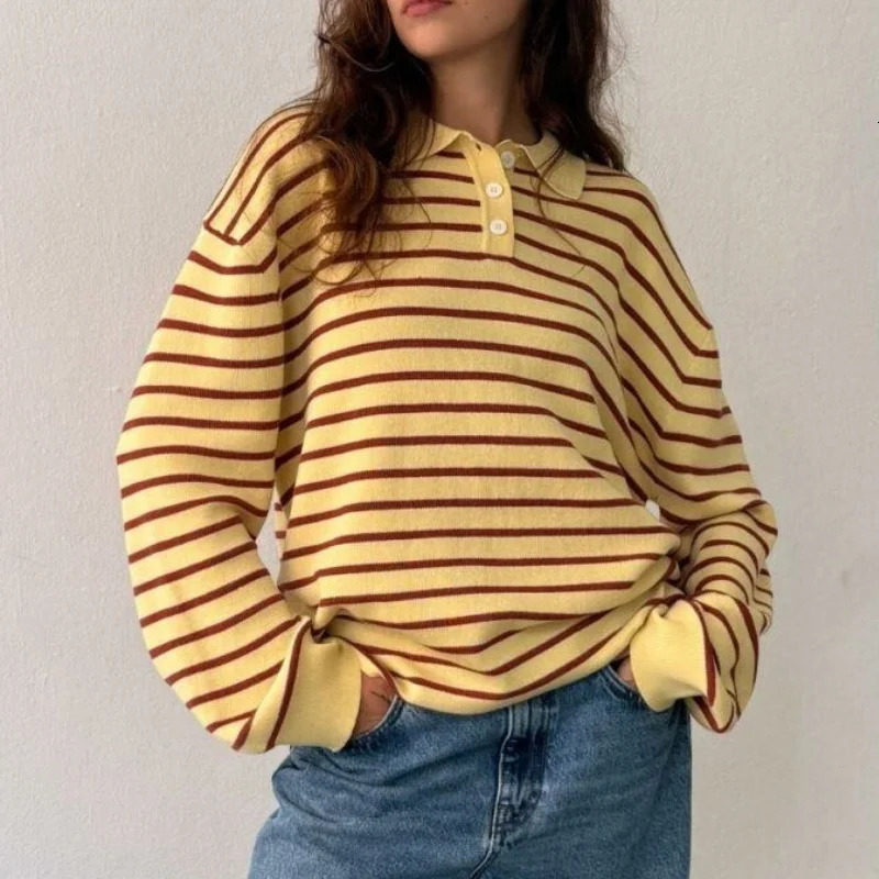 y2k Vintage Rib Knitted Striped Collared Sweater Loose Long Sleeve Pullover Knit Tops Casual Winter Autumn Sweatirt Clothes 260723