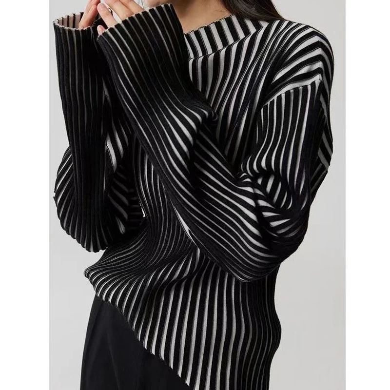 Autumn Winter Contrast Color Striped Sweater Women High Street Casual Slim Long Sleeve Pullovers Elegant Comfortable Tops 260723