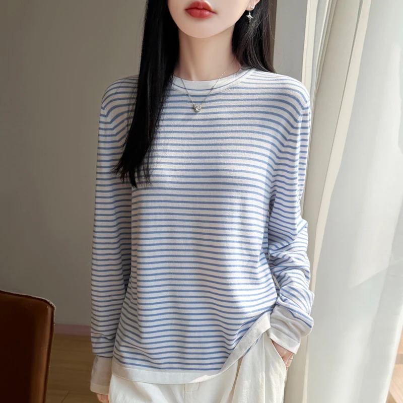 Slim fit striped color splicing fashionable knitted wool basic style womens round neck spring and autumn plus size casual top 260723