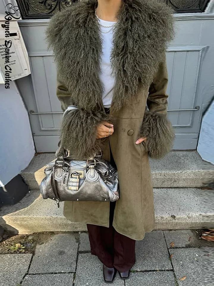 Elegant Faux Fur Patchwork Woolen Coat Women Lapel Full Sleeve Solid Lady Long Coats Autumn Winter Fashion Female Outwears 260723