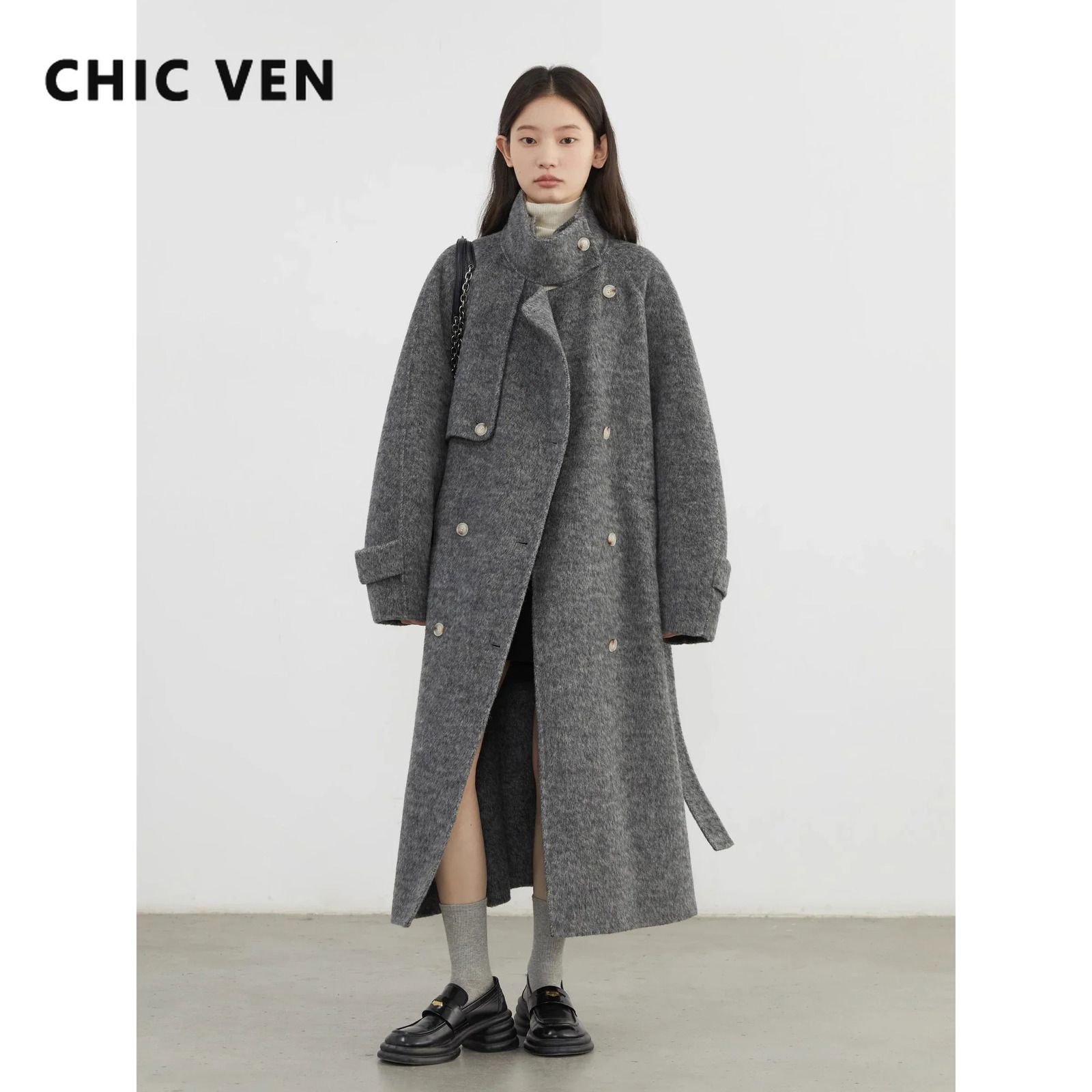 CHIC VEN Women Woolen Coats Loose Stand Collar Double-sided Overcoat Female Outerwear Office Ladies Clothing Autumn Winter 260723