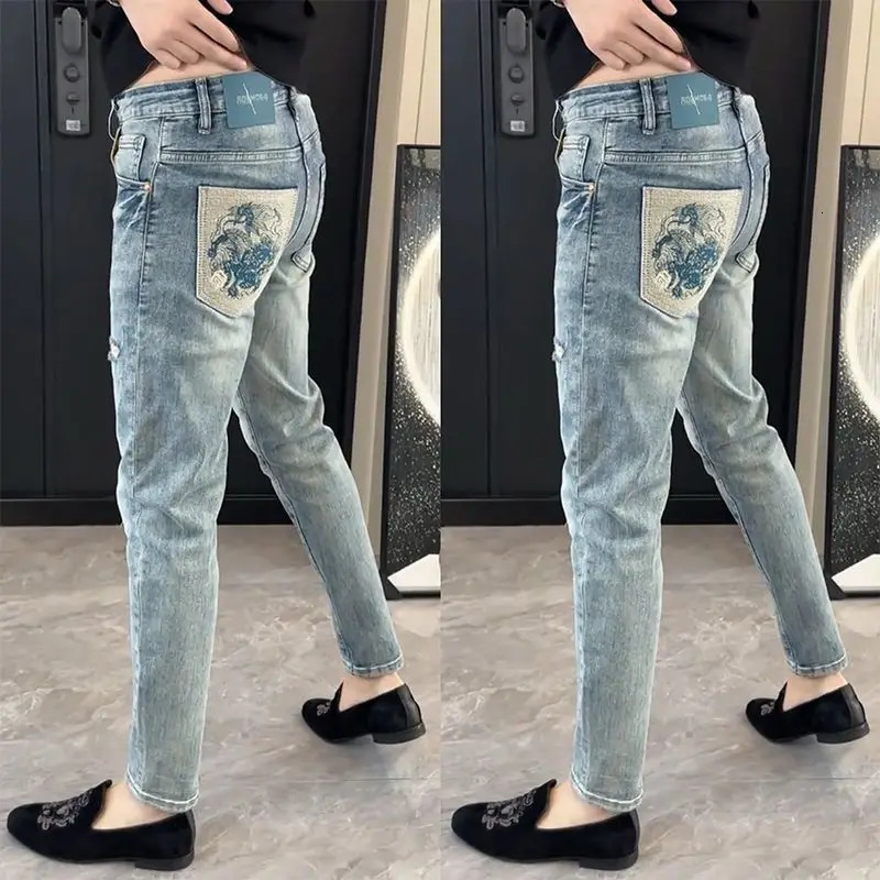 Summer Slimfit Mens Jeans Thin Embroidery 2025 ner Korean Style Clothes Casual Pants y Fashion 260721banjia