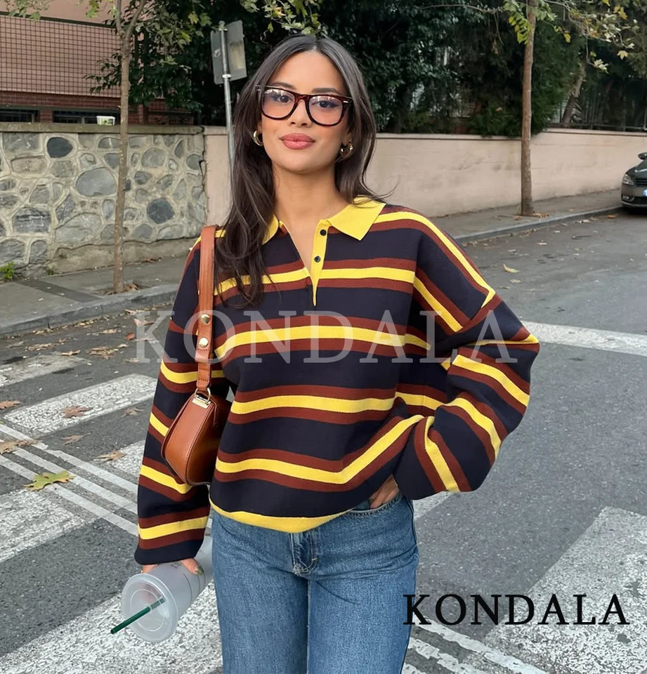 KONDALA High Street Striped Sweater Women Polo Collar Knitted Tops 2026 Spring Fashion Elegant Vintage Female Holiday Sweater 260723