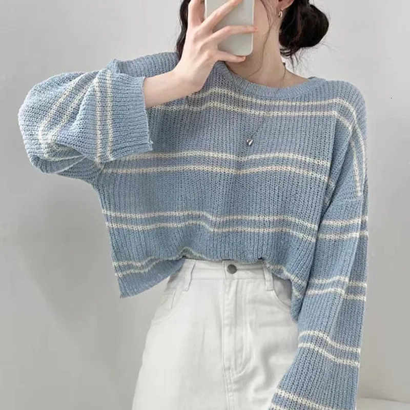 Pullover Women Striped Knit Sweater Comfy Lightweight Long Sleeve Crew Neck Jumper Female Teen-girl Casual Daily Outfit 260723
