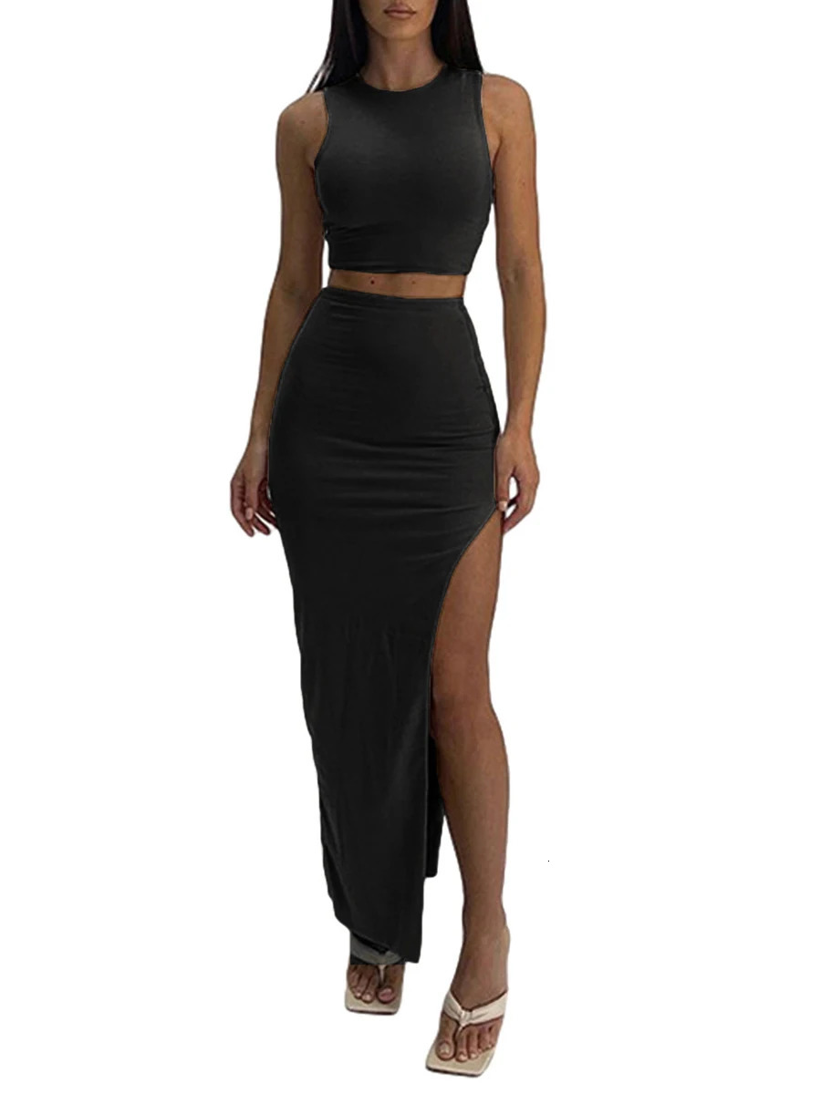 Women Summer 2 Pieces Outfits Solid Color Crew Neck Sleeveless Tank Tops Wrapped Hip High Slit Long Skirts Set 260725BJ