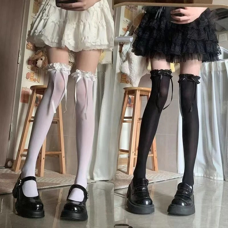 13 pair womens white bow over knee female spring and summer thin lace cute strap long tube milk ballet style thig 260721banjia