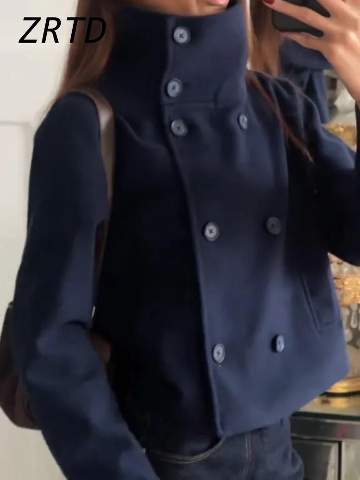 Elegant Womens Cropped Woolen Coat Loose Stand Collar Double Breasted Long Sleeve Jacket 2026 Autumn Winter Lady Chic Outwear 260723