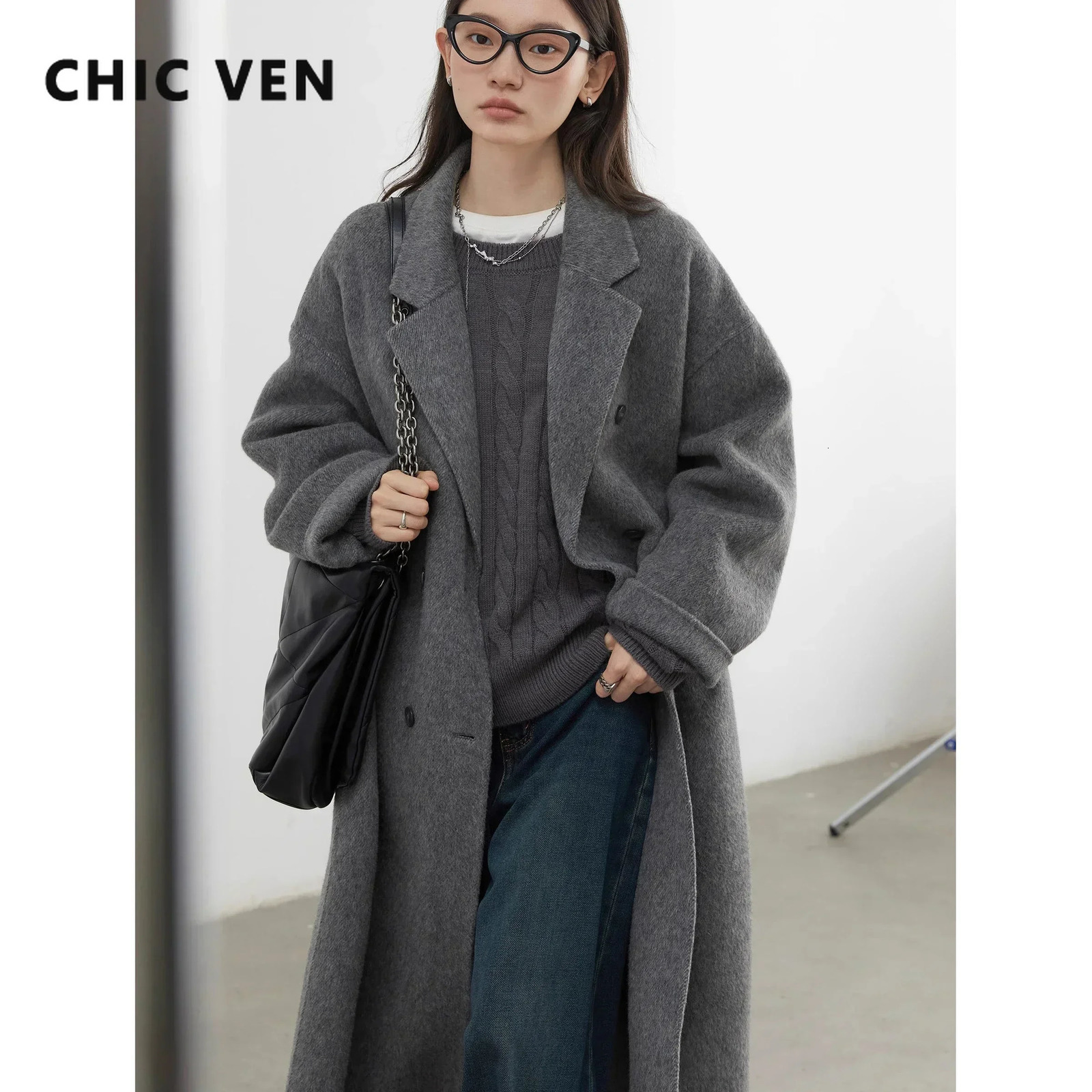 CHIC VEN Women Woolen Coat Double-breasted Basic Loose Casual Retro Long Double-sided Female Overcoat Autumn Winter 2026 260723