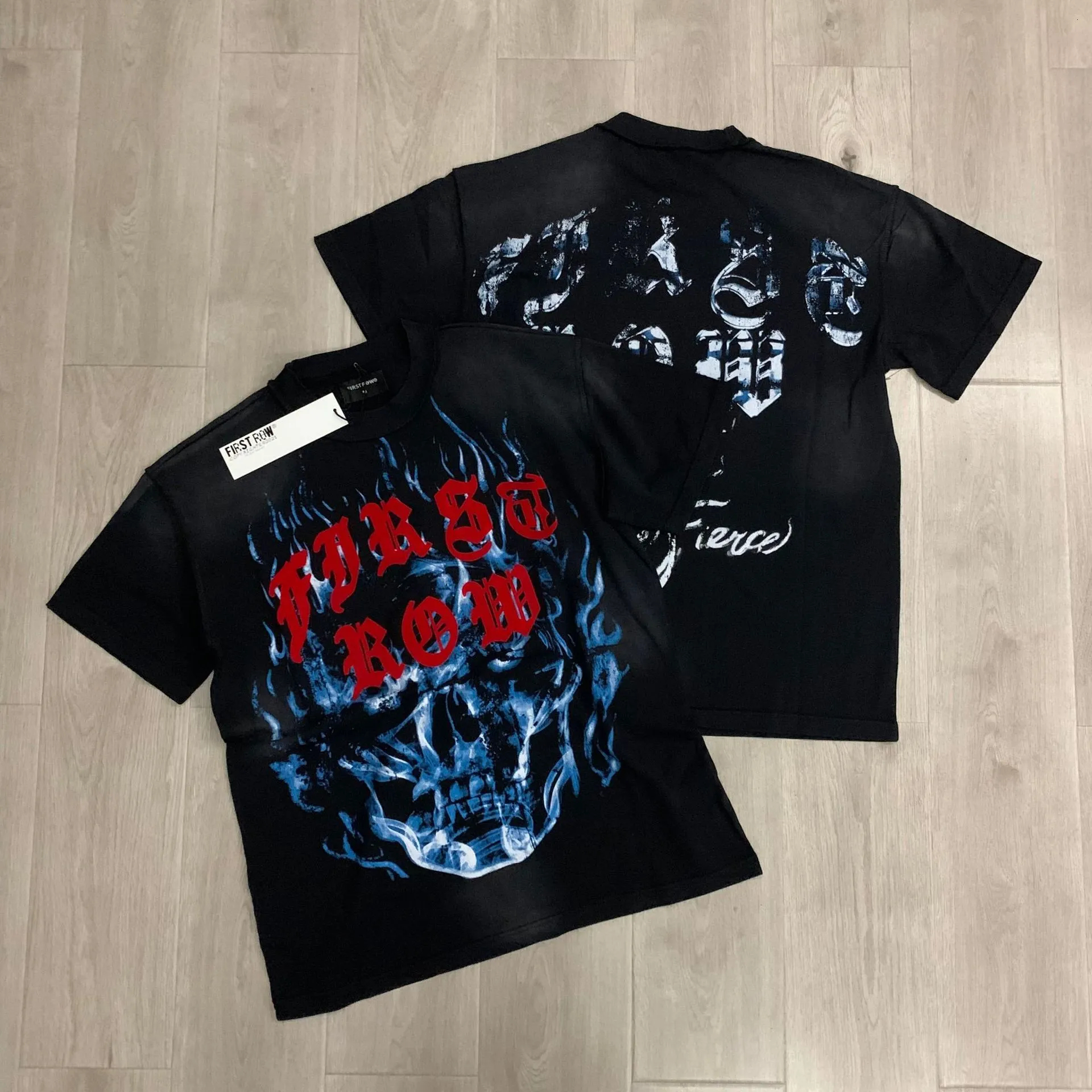Designer Mens Summer T-Shirts Fashion Casual Washed Vintage Cotton FIRST ROW WAKE UP AND BE FIERCE FLAME TEE Cotton Hip Hop Streetwear Short Slee