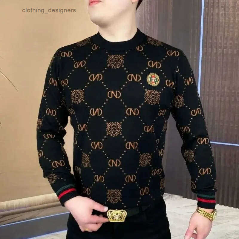 Sweaters Luxury winter diamond patterned fleece sweater sweatshirt long sleeved fashionable printed round neck warm Mens Clothing