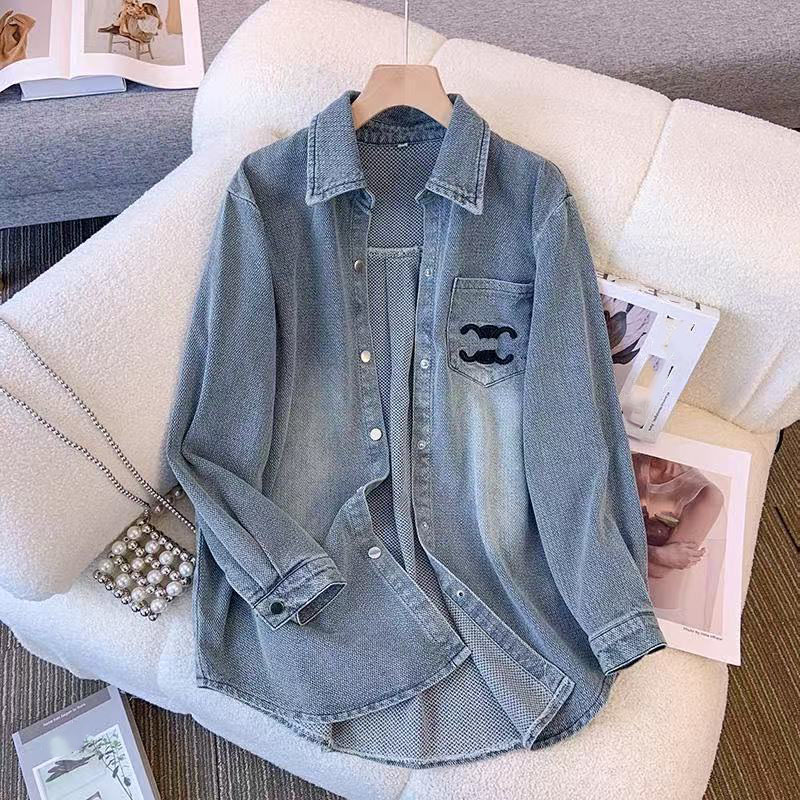 Retro Embroidered Denim Shirt Jacket for Women, Spring/Fall 2026 New Korean Style, Loose Mid-Long Length, Slimming Jacket Top jean jacket
