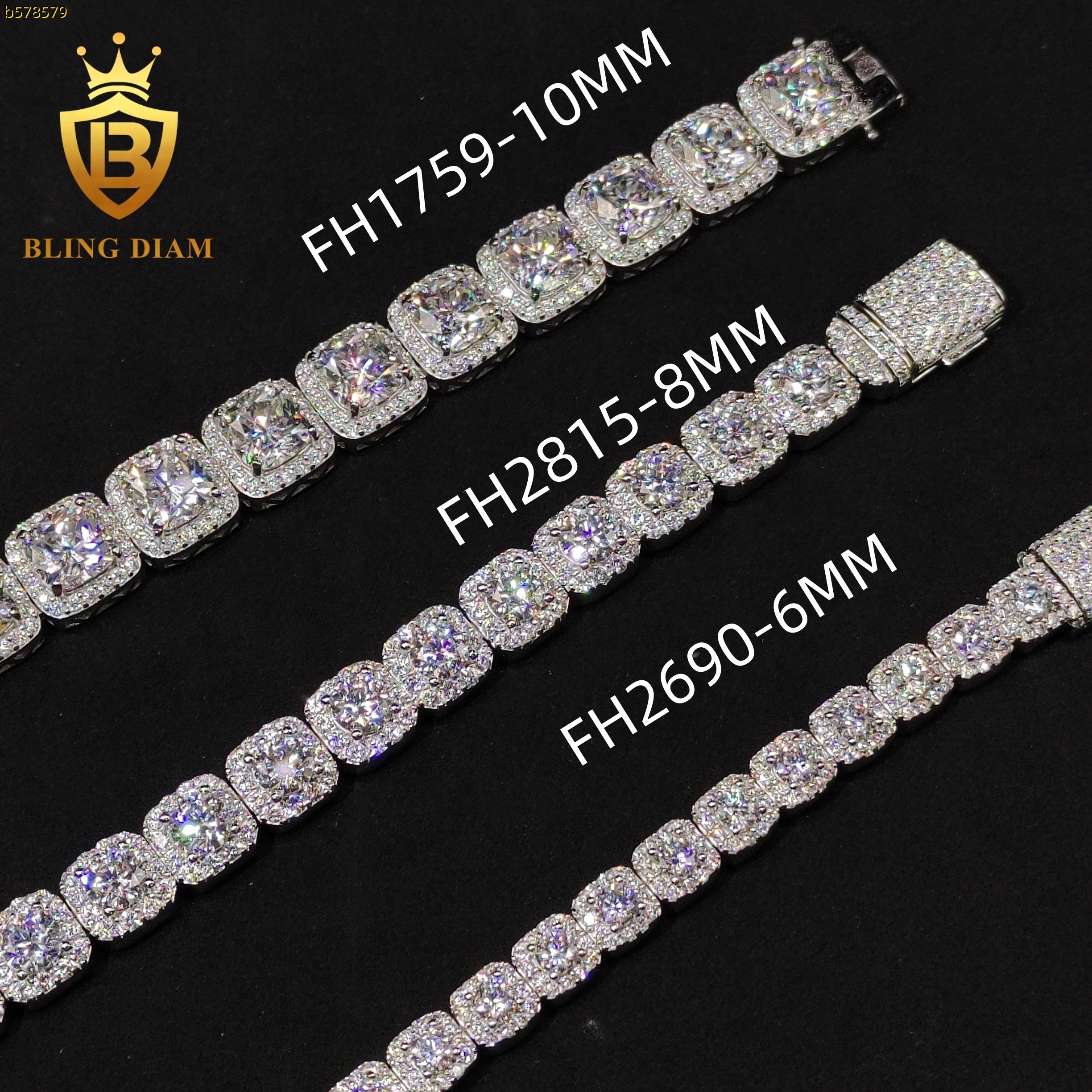 Hot Sale 6/8/10mm Hip Hop Ready to Ship Fashion 925 Sterling Silver Iced Out Moissanite Square-shaped Cuban Chain for Men Women
