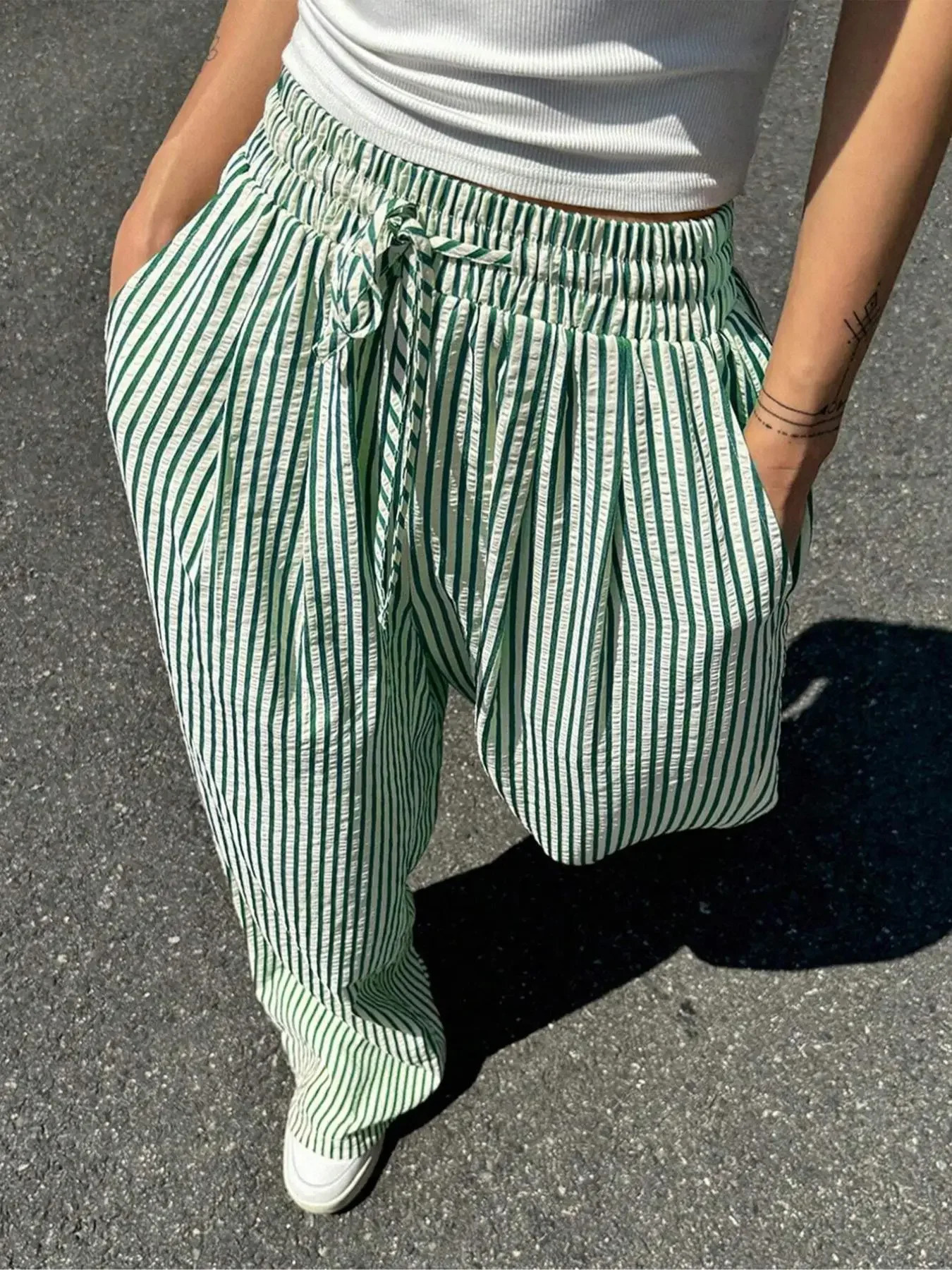 Plus Size Womens Fashion 1XL-5XL Comfortable Striped Drawstring Casual Pants Loose Stretch Mid Waist Tracksuit Pants 260723