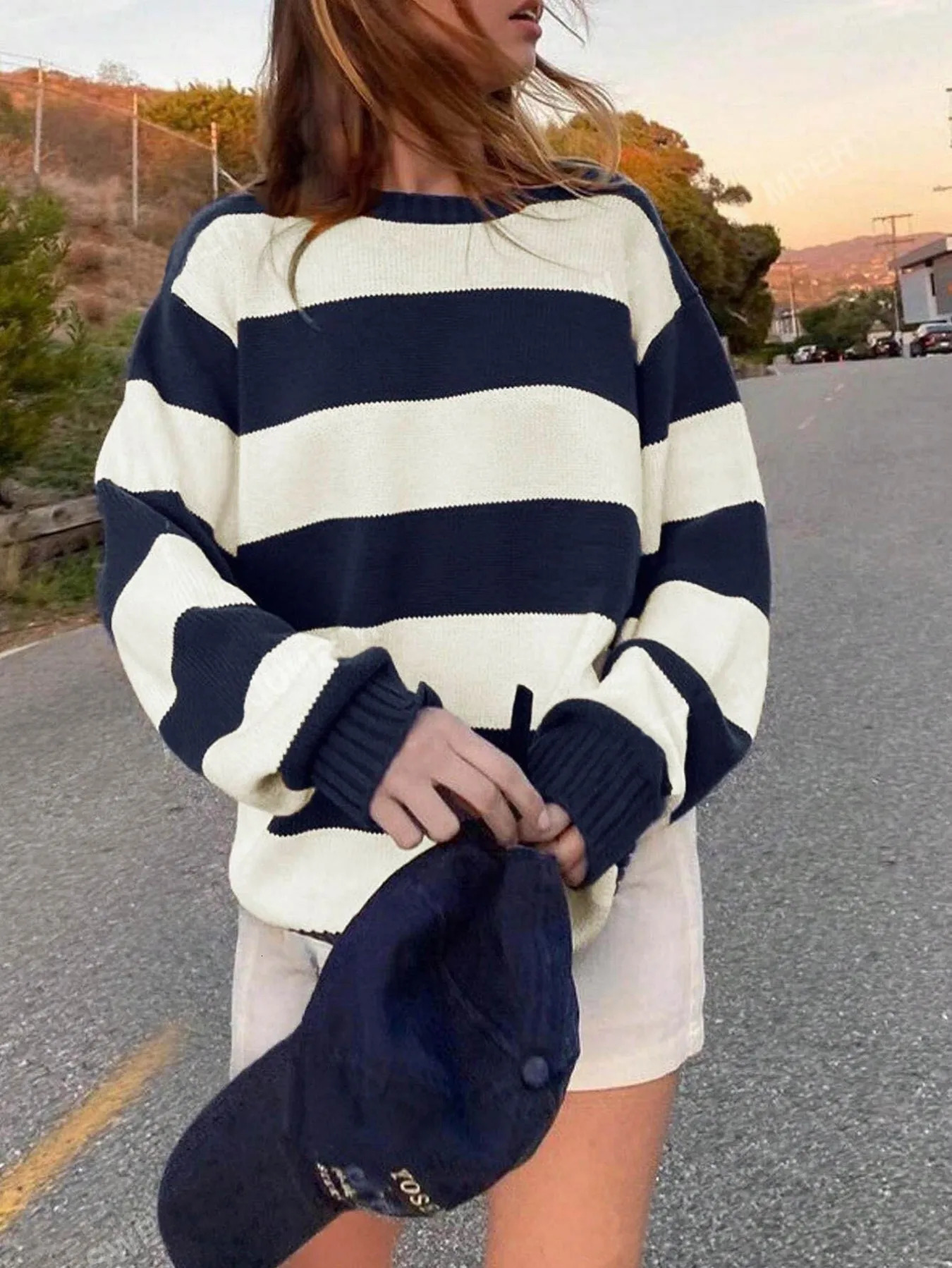 Womens Loose Fit Striped Knit Jumper Casual Crew Neck Drop Shoulder Oversized Pullover for Fall Winter Street Style 260723