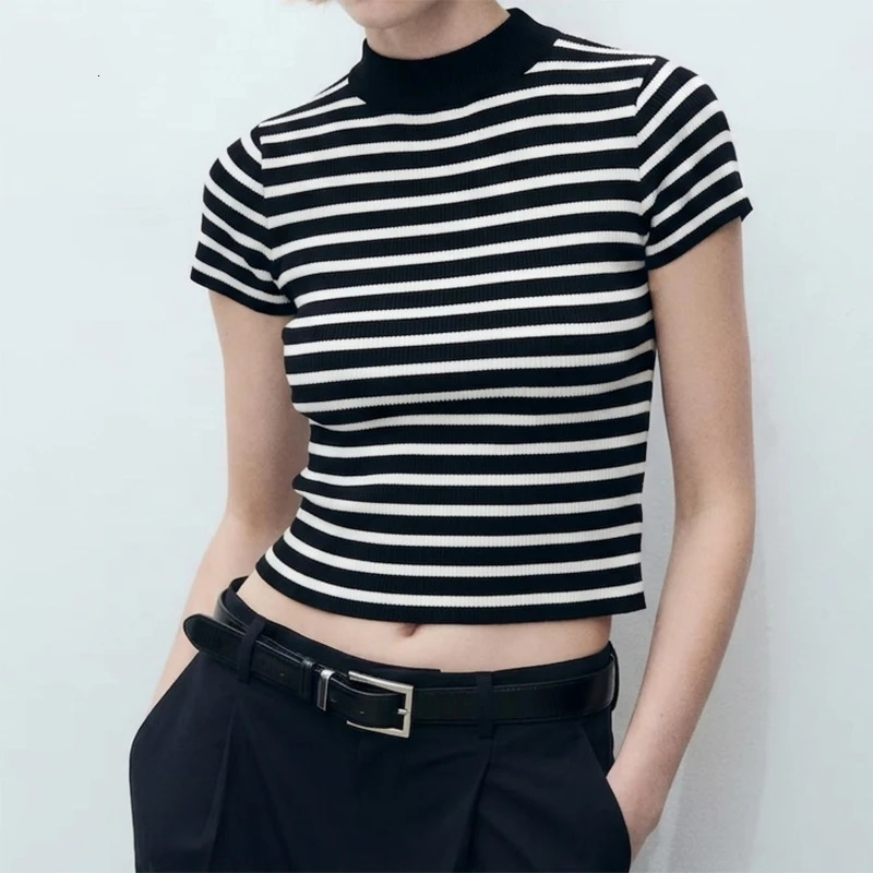 Women Pullover Striped Short Sleeve Mock Neck Knit Sweater Fitted T Shirt Half Turtleneck Crop Top French Style Retro Outfit 260723