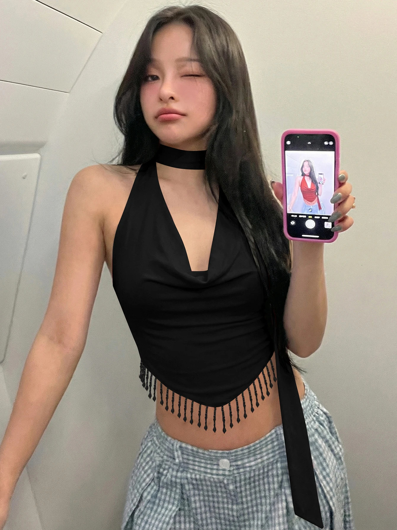 Dulzura Halter Backless Slim Lace Up Ribbon Rhinestone Tassel Vest WomenS Fashion Sexy Elegant Y2K Top Party Club Summer Outfit 260723