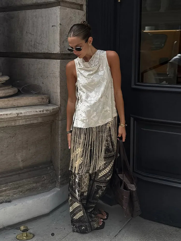 Tassel Embossed Womens Top Elegant Cowl Neck Sleeveless Fringe Hem Asymmetrical Hem Vest Female 2026 Summer Woman Streetwear 260723
