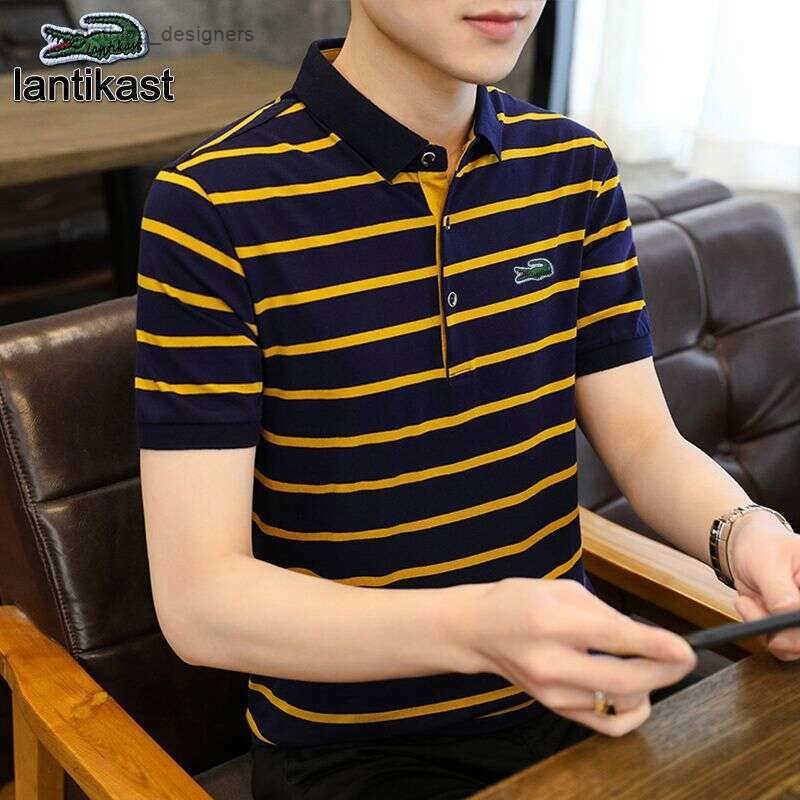 Noble designer handbag Crocodile Summer Short LANTI KAST Sleeve Polo Shirt Striped T-Shirt Pure Cotton Turn-Down Collar Loose Thin Large Size Mens F