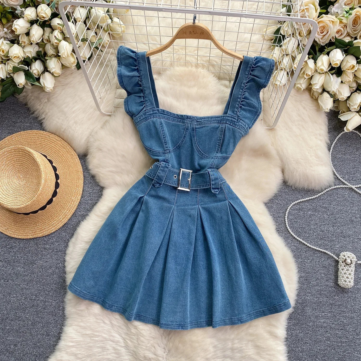 Korean Version of The College Style Sweet Flying Cuff Halter Dress Retro Denim Squareneck with Belt for Women in Summer 260720banjia