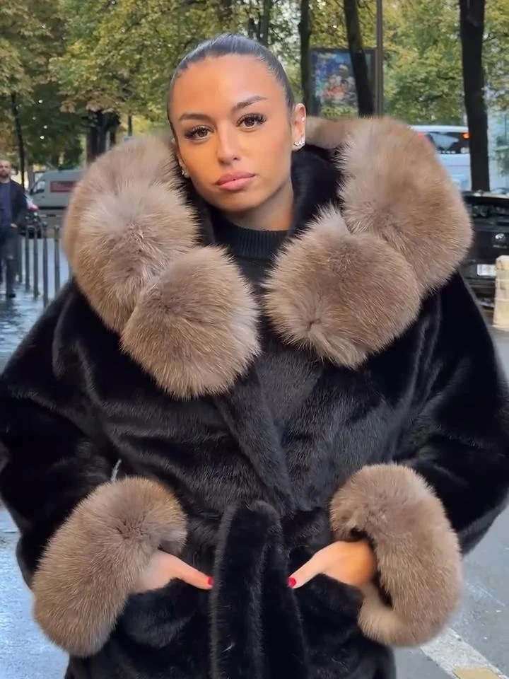 Trendy Fur Patchwork Woolen Coat Women Chic Lace Up Hooded Pocket Loose Jacket Female Warm Casual Winter Spring Lady Coats 2026 260723