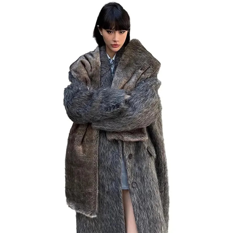 Mauroicardi Autumn Winter Oversized Extra Long Warm Thick Gray Wool Blends Coat Women Loose Casual Fluffy Korean Fashion 260723