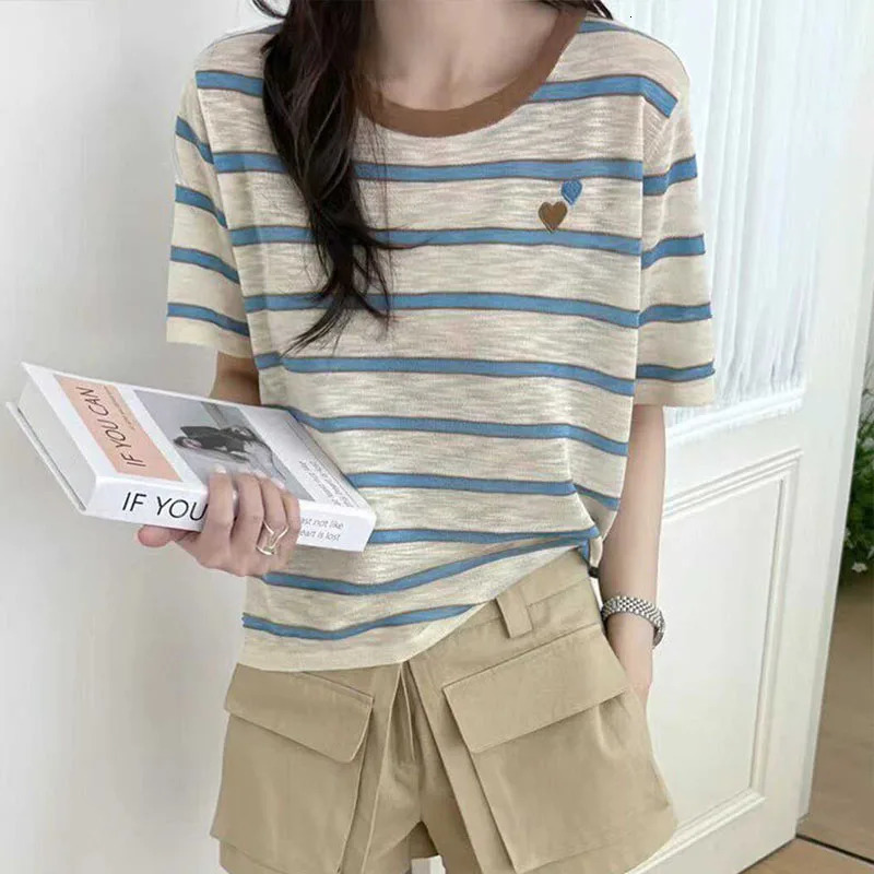 Summer Short Sleeve Knitted Sweater Women Pullovers Sweaters O-Neck Striped Knit Sweater Pullover Women Tops Knitwears Q5200 260723