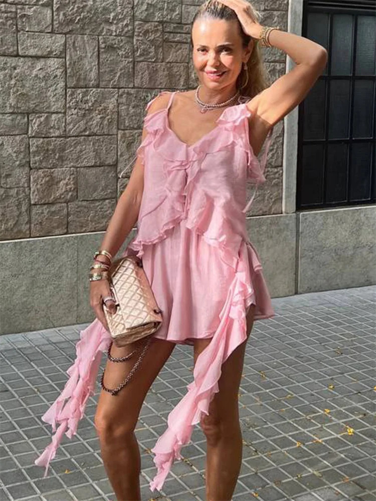 Tossy Ruffled V-Neck Summer Tanks Camisole Women Fashion Solid Backless Patchwork Tassel Sexy Vest Female Cropped Spaghetti Top 260723