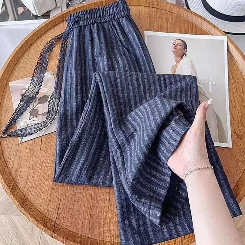 Women Summer Trousers Thin Cotton Linen Breathable Striped Wide-leg Pants Lightweight Lace Drawstring Bottoms Bohemian Pants 260723