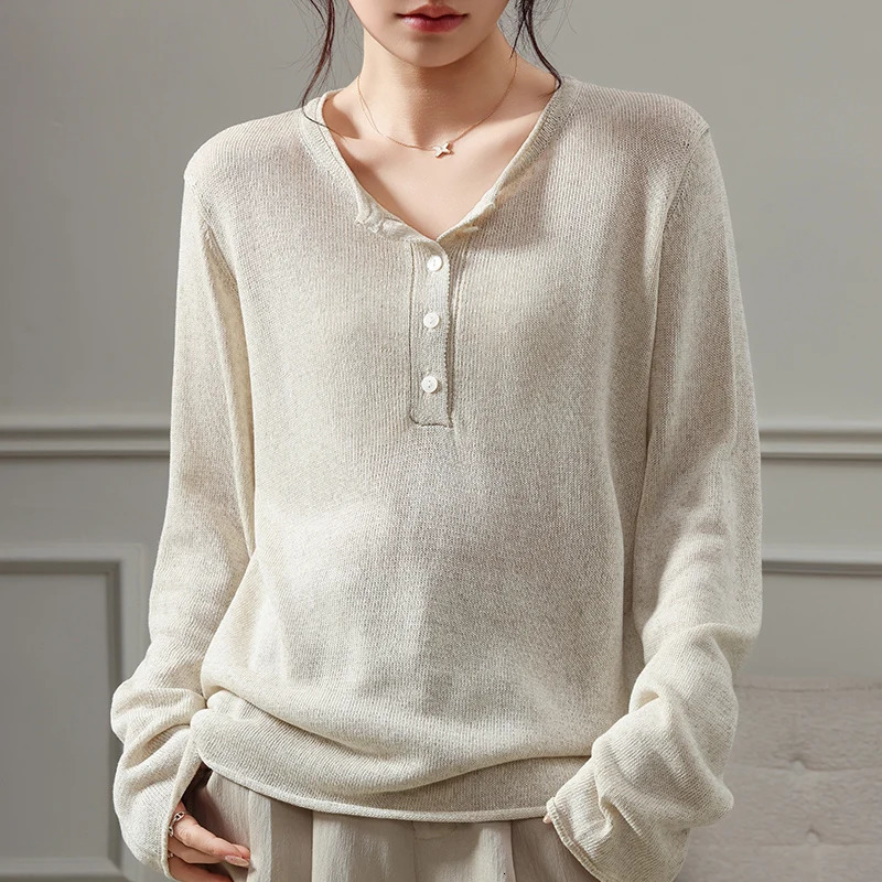Button long sleeved slim knit shirt for womens spring and summer casual soft linen thin o-neck knitted sweater pullover 260723