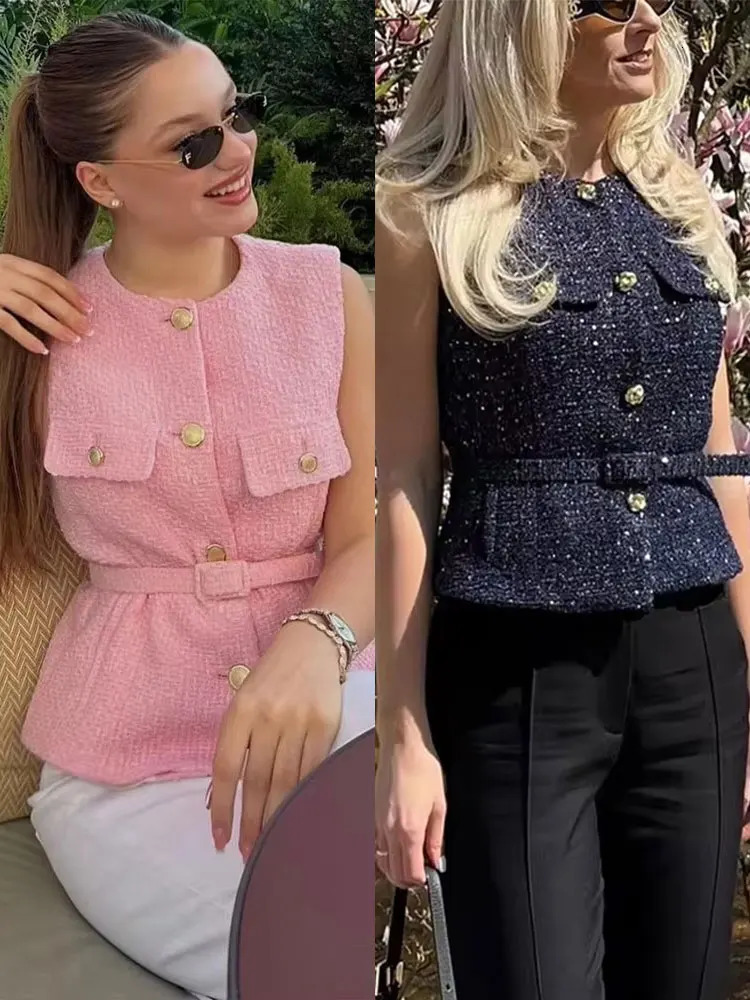 HH Womens Elegant Retro Tweed Vest Fitted Waist Button Sleeveless Waistcoat Cliassic Style Casual Vintage Party Outfits Vests 260723