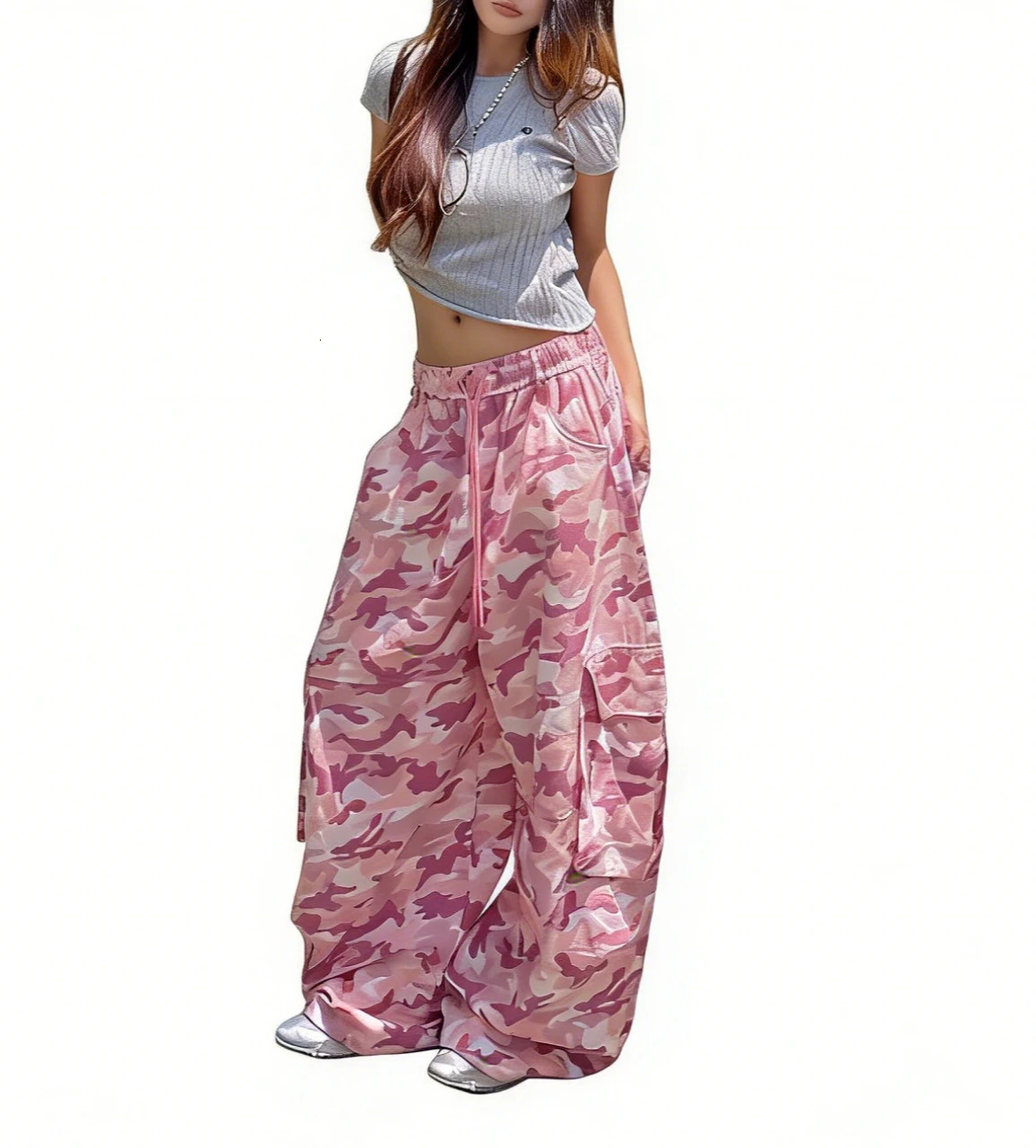 Unique Pink Camouflage Cargo Pants High Waisted Wide Leg Casual Streetwear with Drawstring Waist Side Pockets Hip Hop Dance 260723
