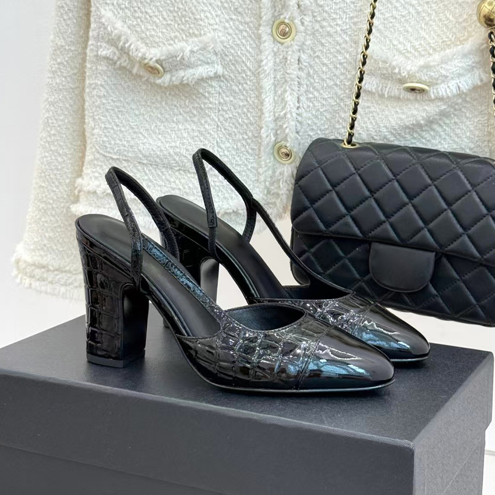 Top quality bhanel woman chunky heel sandal Luxury Crocodile patent leather slingbacks dress shoes Fashion designer high heel sandal Party Evening S