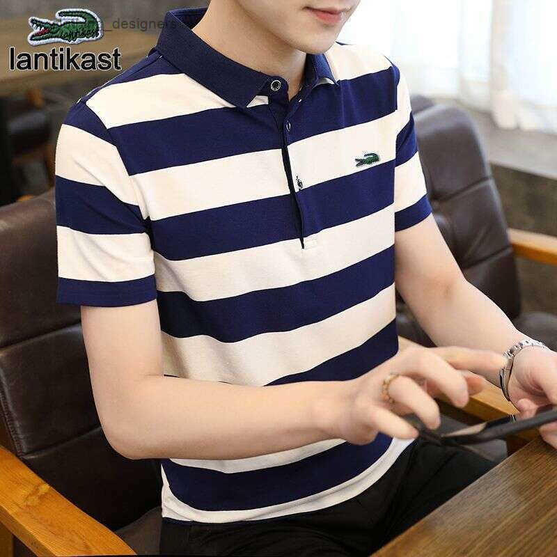 Noble Crocodile Polo Shirt Summer LANTI KAST Short Sport Sleeve Striped Turn-down Collar designer handbag T-shirt Pure Cotton Korean Style Loose Plu