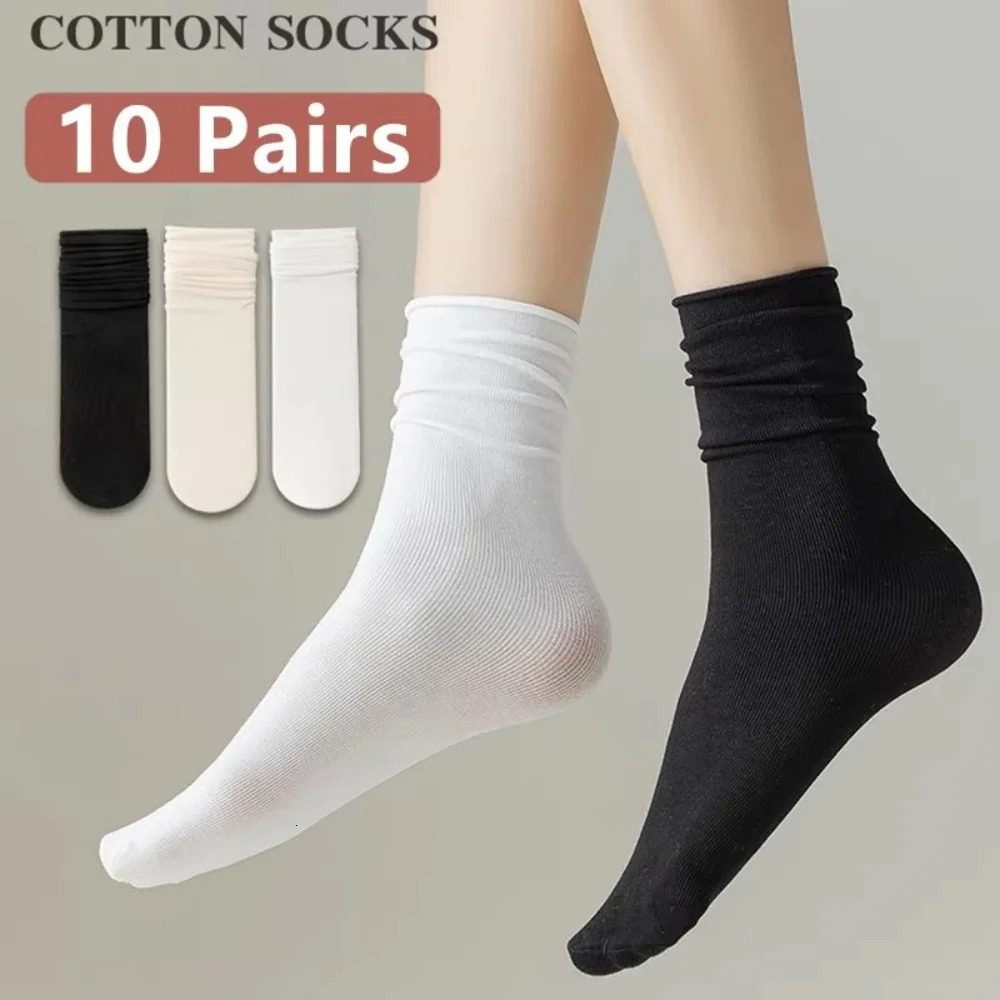 10 Pairs Thin Ice Silk Womens Long Tube Socks Summer Cool Mid Calf Black and White Pile Ladies 260721banjia