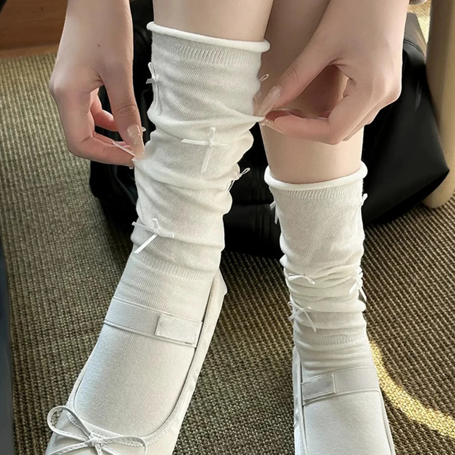 Womens Stockings High Quality Modern Simple Cute Japanese Style Long Women Socks Mesh Bow Sweet Knee Thin White 260721banjia