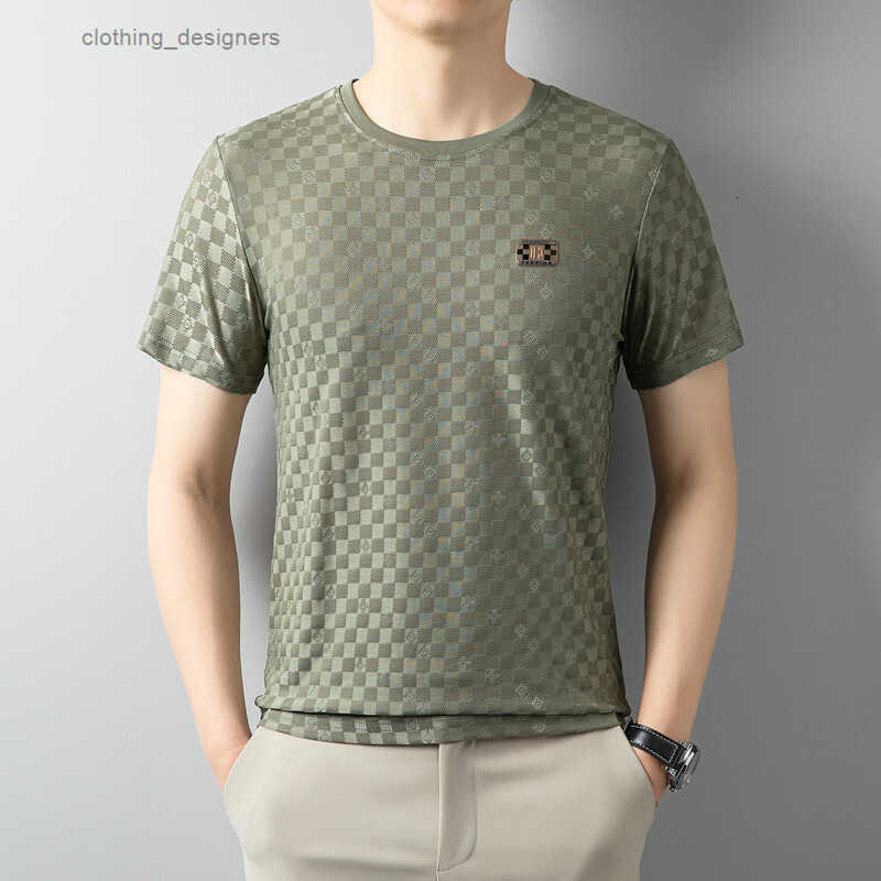 Designer Clothes Ice Silk Luxury Brand Summer Short Middle-Aged Mens T-Shirt New Breathable Casual Round Neck Thin Jacquard Half Sleeve Top