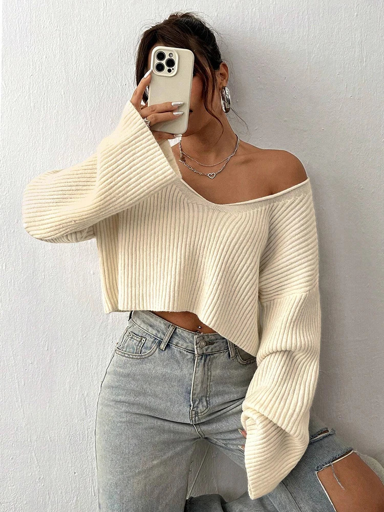 Fashion V-neck Solid Color Knitted Sweater Loose Top Womens Striped Outfit with Three-dimensional Texture Sweater 260723